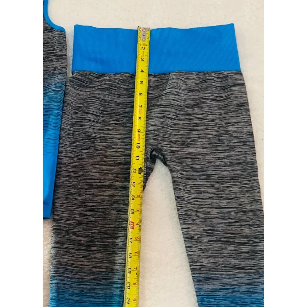 FC Activewear Womens Blue Grey Ombre Space Dye Seamless Tank and Leggings Set